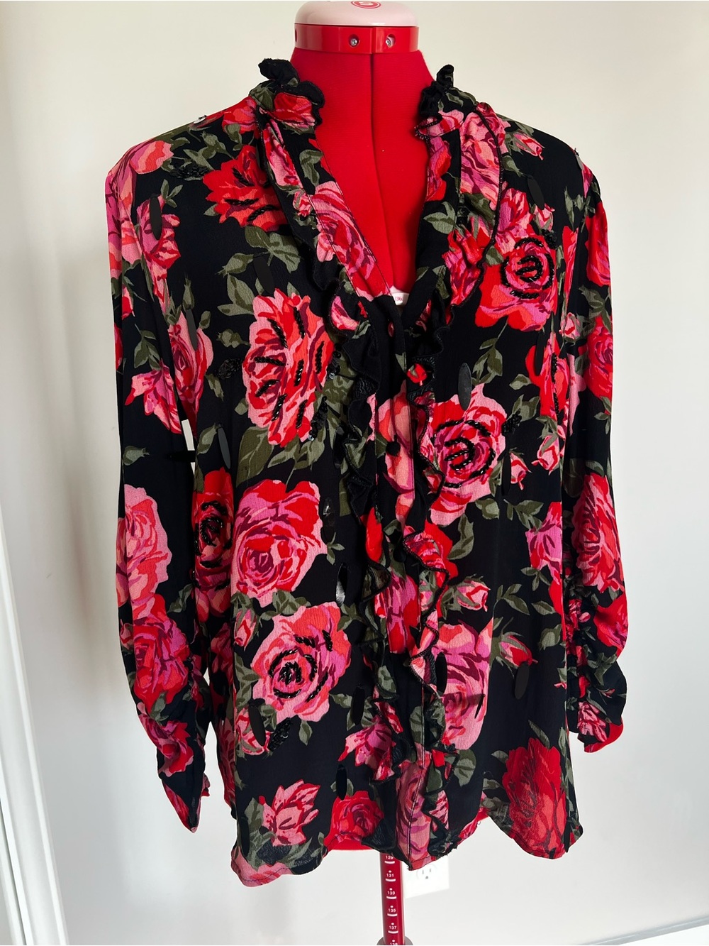 River Island Black Blouse with Pink & Red Rose Print